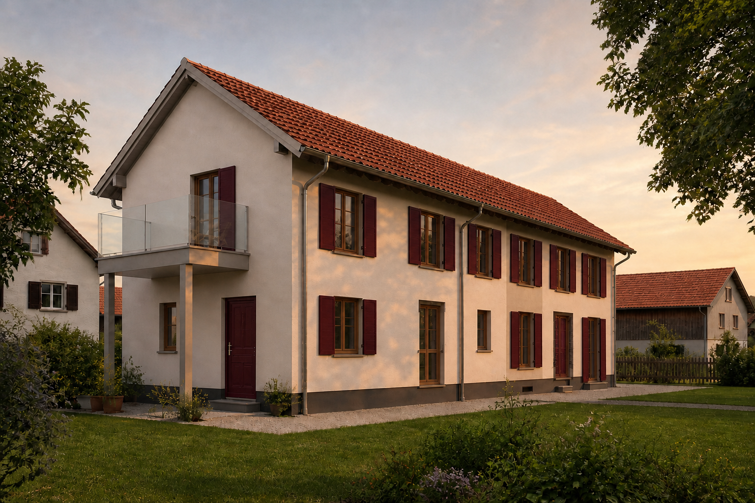 Fertiggestelltes Wohnhaus in Abendsonne